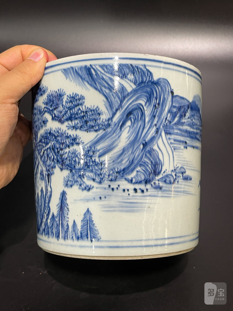 清康熙 青花山水松阁图笔筒 - 图8
